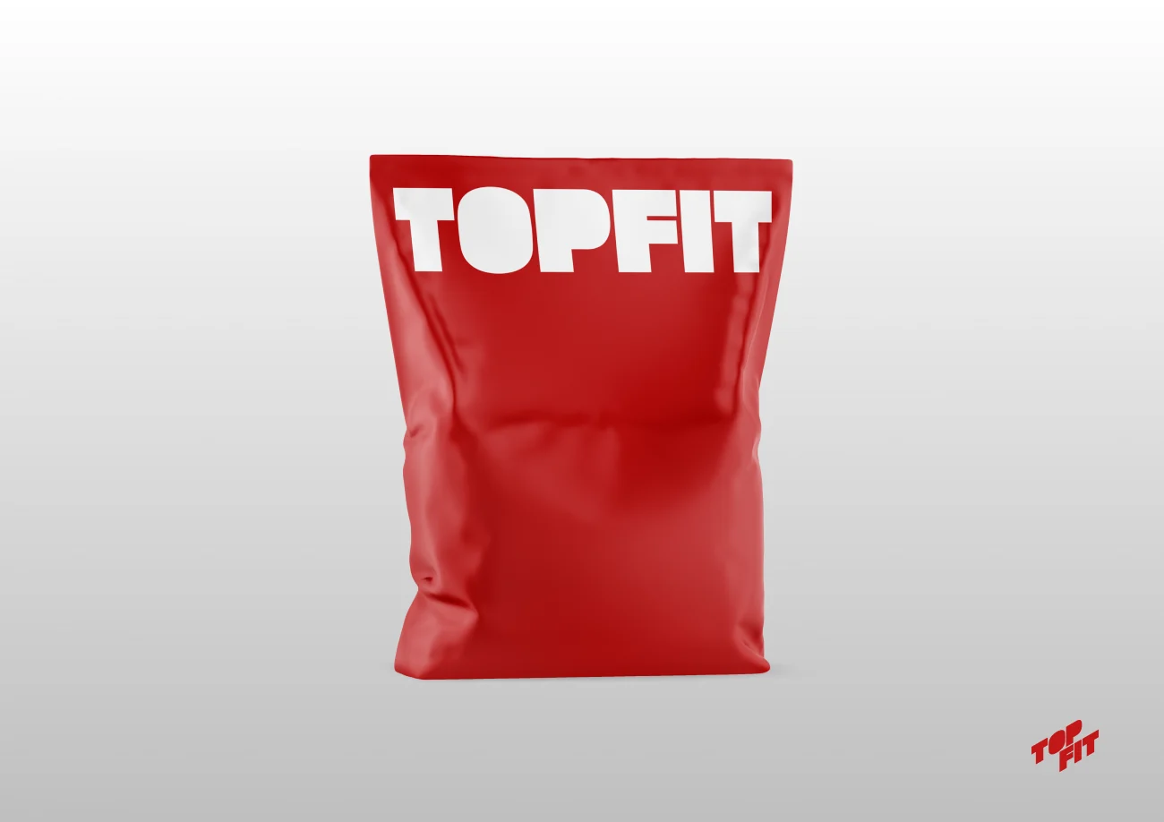 Red plastic bag with the TOPFIT logotype in white